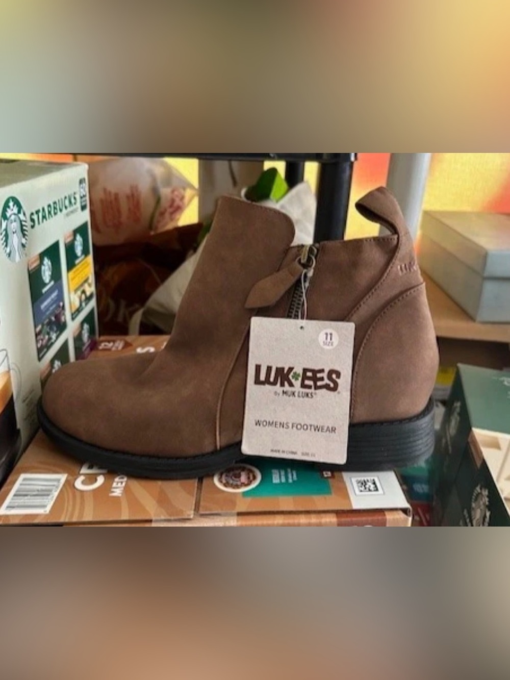 Lukees By Muk Luks Womens Side Zip Ankle Boots Brown Faux Leather Size 11 M US